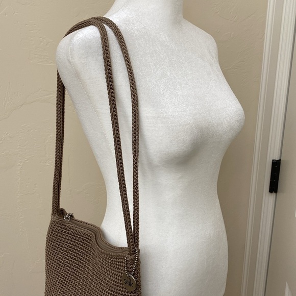The Sak Double Handle Crochet Purse hand bag shoulder bag beige zipper top small - Picture 4 of 16